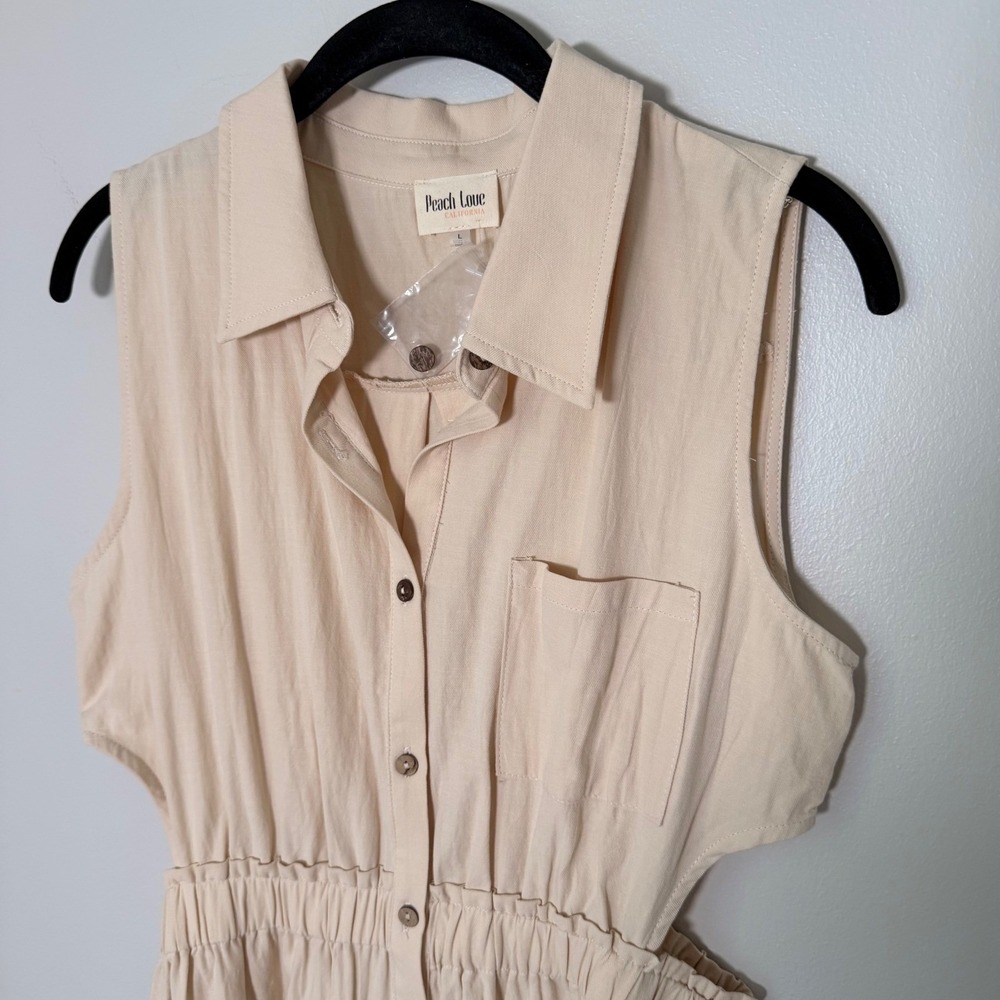 Neutral Summer Button Down Cotton Shirt Dress NEW (SM) Cutouts Sleeveless Cream - Picture 6 of 15